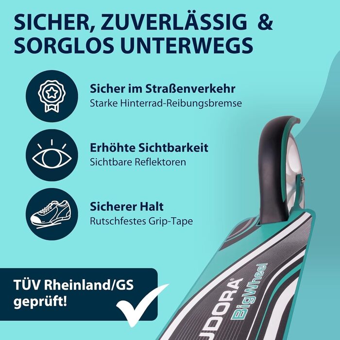 Самокат HUDORA BigWheel 205 - Міцний алюмінієвий самокат - Регульований по висоті та складаний міський самокат з підставкою - Спор