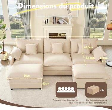 Подібний модульний диван, 3-місний кутовий диван з пуфом, дизайн з глибоким сидінням, диван Cloud для вітальні (бежевий)