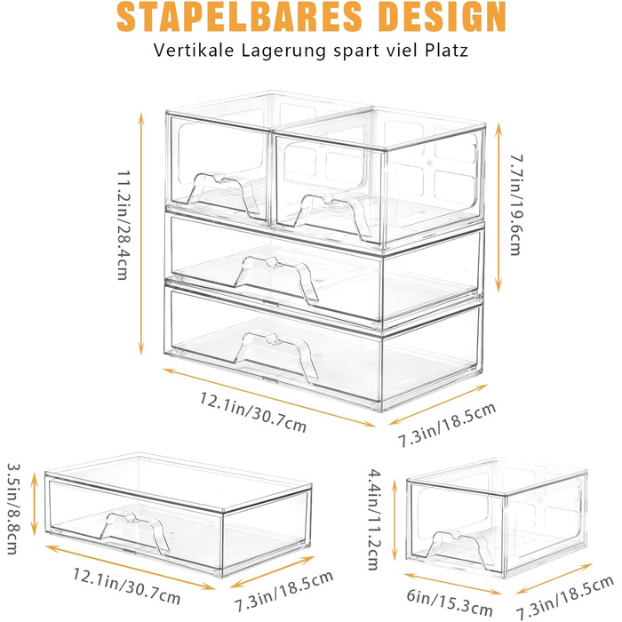 Абельовані ящики для шухляд, органайзери для шухляд, туалетний столик, прозорий акриловий органайзер для косметики, органайзер для зберігання та організації шухляд у ванній кімнаті (комбінація з 3 шухляд), 3 шт.