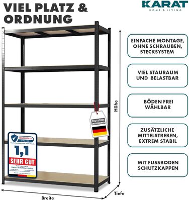 Потужний стелаж KARAT, комплект з 2 шт., 180 x 90 x 40 см, безболтовий стелаж, підвальний стелаж, стелаж для зберігання - 5 регульованих полиць (чорний) 40 x 90 x 180 см Чорний