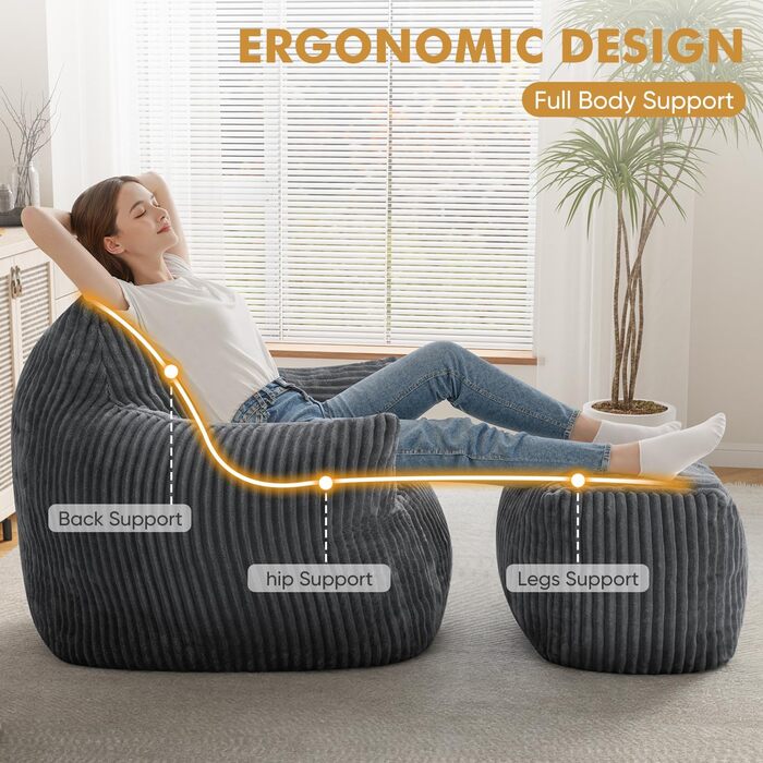 Диван-гойдалка JULY&39S SONG зі спинкою та підставкою для ніг, крісло-мішок XXL з пуфом для дорослих, диван-лінивець, подушка для сидіння в приміщенні для спальні, вітальні, зимового садка, темно-сірий