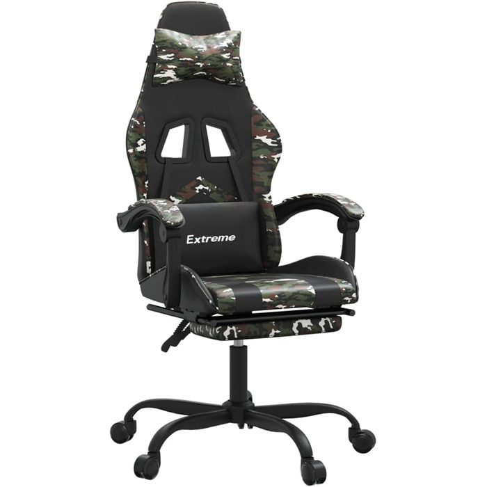 Зручне ігрове крісло зі шкіряним підкладом та підставкою для ніг, чорне/камуфляжне, 57,5x59,5x121-131 см - Для ігор та домашнього офісу. Ігрове крісло. Модель 349614.