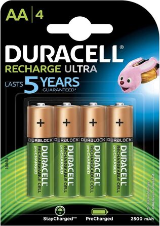 Зарядний пристрій Duracell з 4 годинами роботи, та акумуляторними батареями Ultra HR6DX1500 з низьким саморозрядом (2500 мАг), 4 шт., батарейки типу АА для перезаряджання, 4 шт.