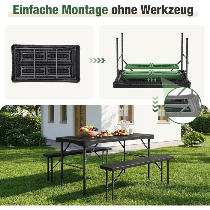 Складаний пластиковий пивний садовий набір Sekey Обідній стіл 113 x 61 см з 2 лавками для 4 осіб Набір для пивного саду для приміщень/вулиці Садовий комплект пивних столів (чорний) Чорний/113 см