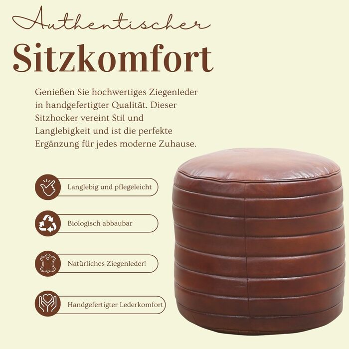 Вінтажний табурет Marrakech з подушкою для сидіння, включаючи наповнювач, виготовлений з натуральної шкіри Пуф-табурет Janeiro кольору коньяку, круглий, 45 см Крісло-мішок для ніг як декор скандинавської спальні та вітальні