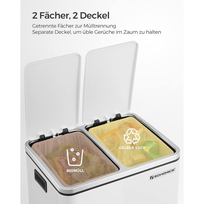 Відро для сміття для кухні, 2 х 15 л, система розділення відходів 2 відділення, сміттєвий бак, педальний бак, для жовтого пакета,