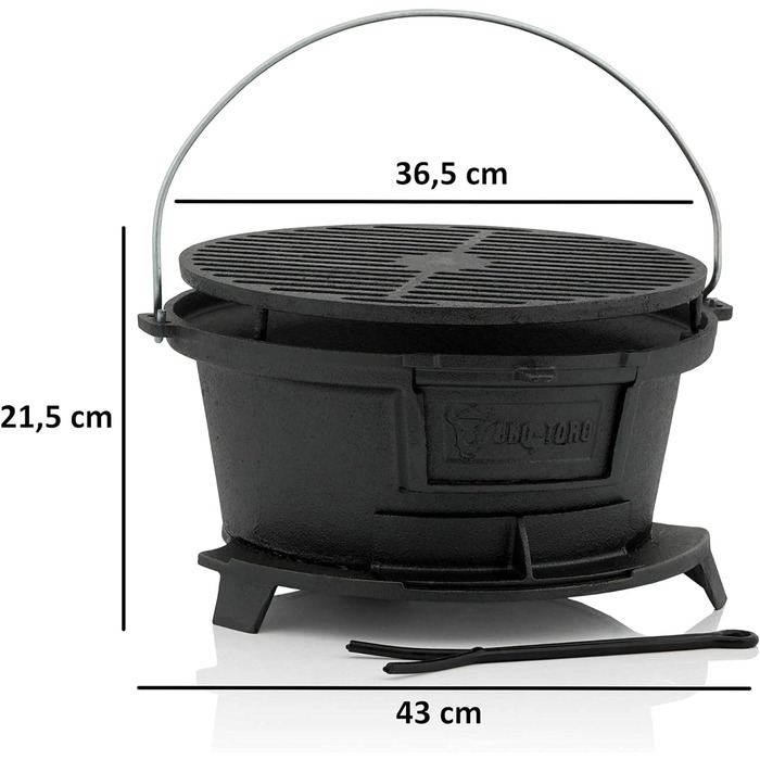 Чавунний казанок-гриль з решіткою (Ш) 43 x (Г) 42 x (В) 21,5 см гриль в стилі Хібачі з підйомником решітки вугільний похідний грил