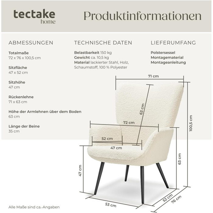 Крісло tectake у скандинавському стилі з крилами, крісло Teddy Hygge, крісло з букле для вітальні, спальні, вишукане крісло-гостина, вантажопідйомність до 150 кг без підставки для ніг, букле кремовий/чорний