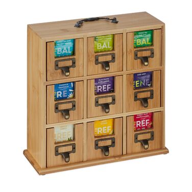 Органайзер для чаю Relaxdays, 9 відділень, бамбук, ВxШxГ 29 x 30 x 11,5 см, для стояння або підвішування, для зберігання чаю, натуральний