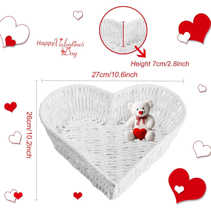 Білий кошик з ротанга у формі серця - плетений кошик ручної роботи для зберігання хліба, фруктів, овочів та прикрас - аксесуари для дому