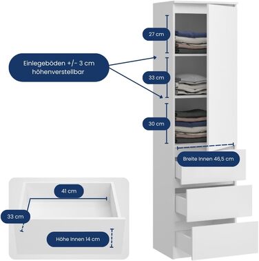 Гардеробна шафа Home Collective, вішалка для одягу, багатофункціональна шафа з 3 полицями та 3 шухлядами Функціональна шафа для спальні, коридору або кабінету 50x40x180 см (ШxГxВ) Білий