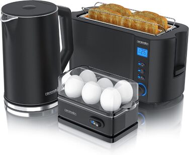 Чайник з тостером SET і яйцеваркою, нержавіюча сталь Чорний чайник 1,5 л 40 - 100C Тостер 4 скибочки LED-дисплей 6 ступенів підрум'янювання Яйцеварка 1-6 яєць Мірна чашка без BPA без B Чорний