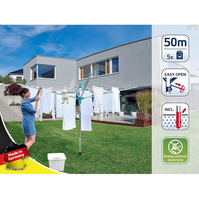 Ротаційна сушильна машина Leifheit Linomatic 500 Easy, втягування лінії для чистої білизни, парасолька для білизни з системою Easy