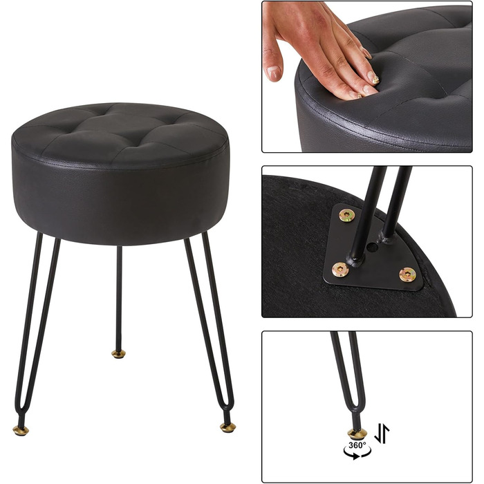 Круглий стілець-підніжка IBUYKE зі штучної шкіри, бічний столик для макіяжу, сидіння для туалетного столика з ПУ, пуф-табурет, золотисті сталеві ніжки, чорний колір L/G-31B PU чорний