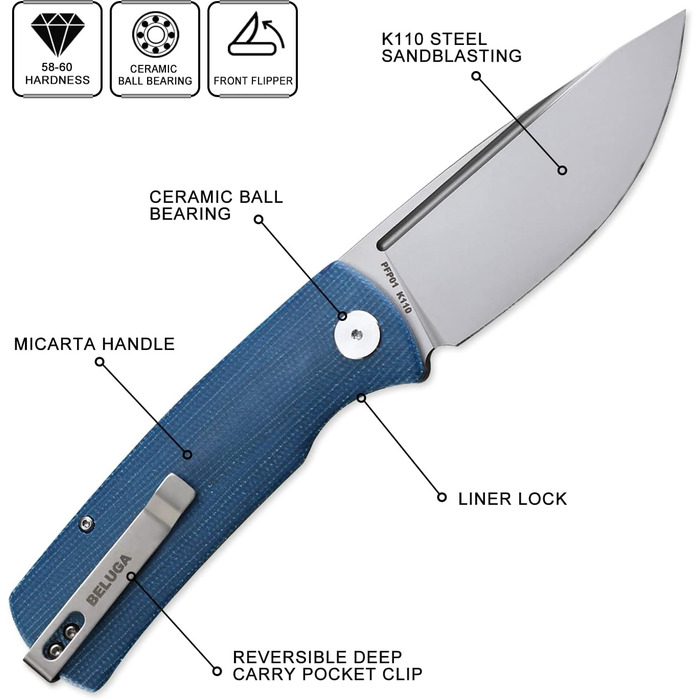 Скам'яніла риба PFP01 Складаний ніж Beluga, 3.62 сталеве лезо K110, рукоятка G10, з підшипником, кишеньковий ніж EDC (синій піскос