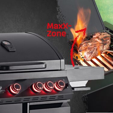 Газовий гриль LANDMANN COOL BLACK 4.1 maxX Гриль-візок з 4 пальниками, бічним пальником та зоною maxX до 800 C З решіткою для підігріву, великою робочою поверхнею, двостінною кришкою та бічними столиками