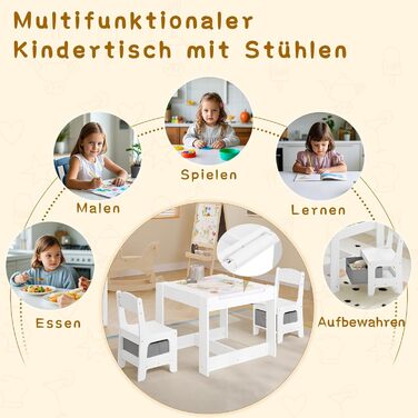Дитячий стіл Lestaraiin з 3 предметів та 2 стільцями, дитяча група сидінь, комплект дитячих меблів з місцем для зберігання, художній стіл для дошкільнят, стільниця з дошкою для малювання та рулоном паперу, для дитячої кімнати/ігрової кімнати, білий