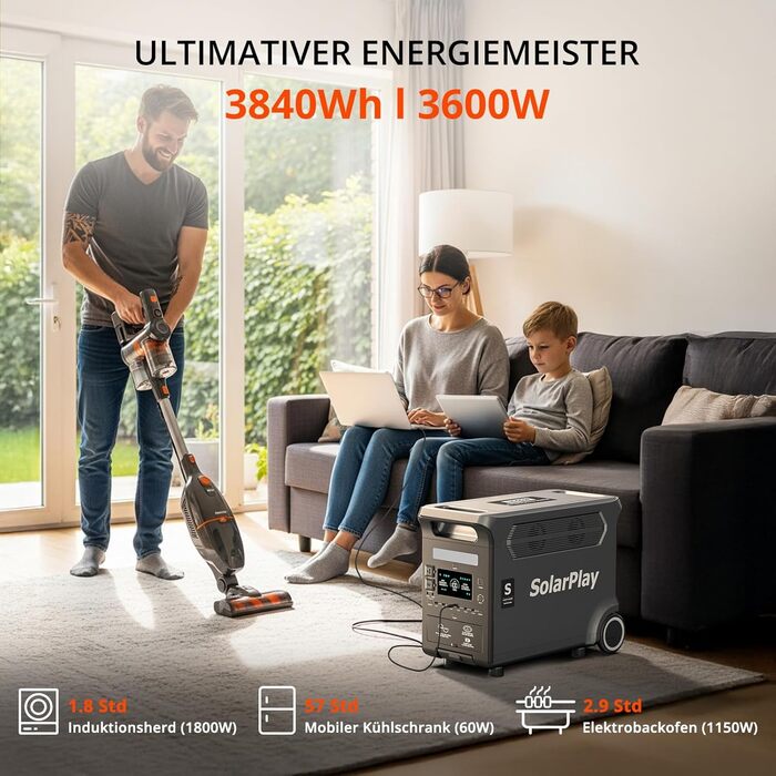 Електростанція SolarPlay Q3600, портативна електростанція потужністю 3840 Втгод з виходом 3 x 230 В змінного струму 3600 Вт, сонячний генератор з LiFePO4, з ДБЖ, швидке сонячне накопичення енергії для автофургонів, кемпінгу, відключень електроенергії Q360