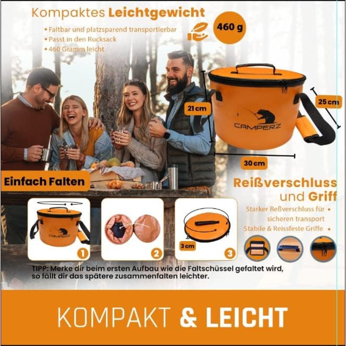 Складане відро, складна чаша для риболовлі, садівництва - складне відро для води, рибальське відро з кришкою та блискавкою (помаранчеве)