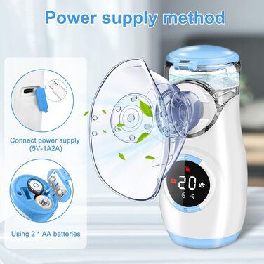 Портативний інгалятор Sentasi для дорослих та дітей, безшумний електричний небулайзер зі світлодіодним цифровим дисплеєм, 2 регульовані схеми розпилення з 2-ма масками та 1 мундштуком (синій)