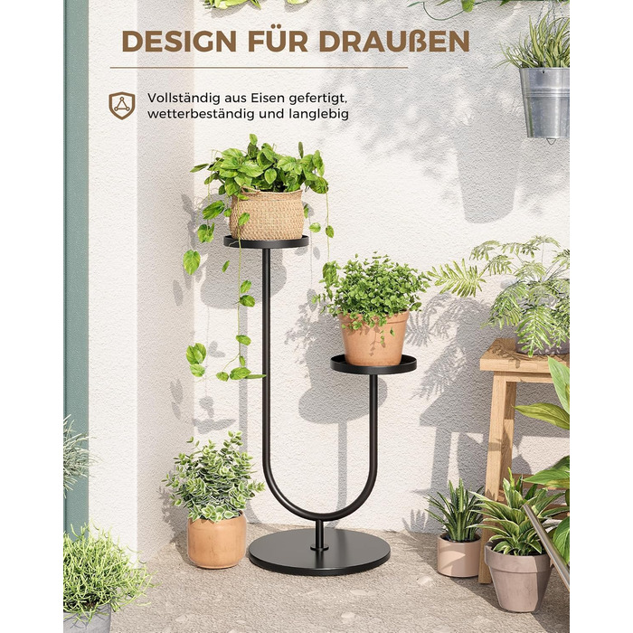 Металева підставка для квітів Bamworld, чорна, підставка для рослин для приміщень/вулиці, сучасна 2-рівнева полиця для рослин, міцний тримач для квіткових горщиків для вітальні, балкону, саду, 2 полиці