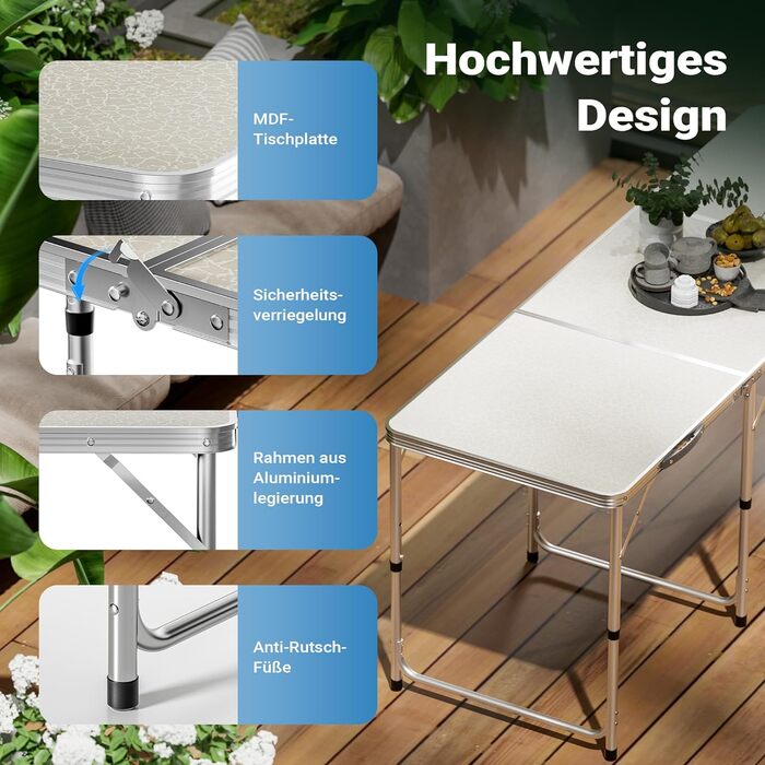Складаний кемпінговий стіл 180x60x70см, регульована висота 54/61/70см, розкладний стіл з алюмінієвим каркасом та стільницею з МДФ, портативний багатофункціональний стіл, фуршетний стіл, кемпінговий стіл, садовий стіл, складаний