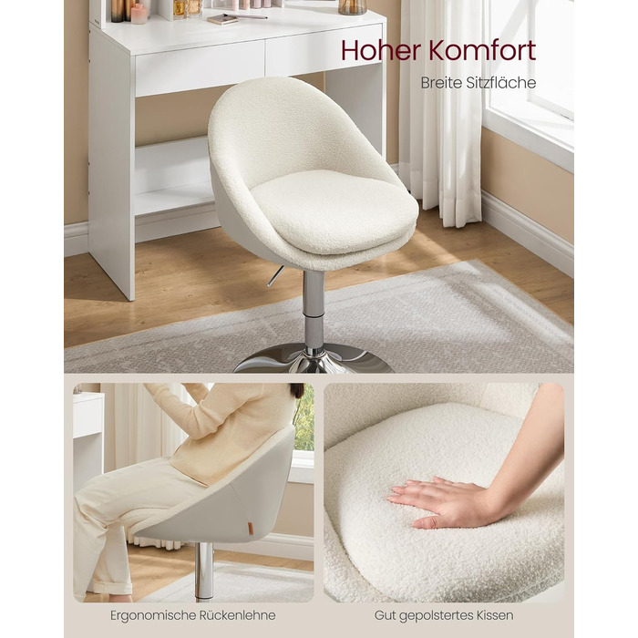 Регульований стілець VASAGLE, крісло для туалетного столика, офісне крісло, обертовий барний стілець зі спинкою та основою, сталь, для стійки, офісу, туалетного столика, їдальні, кремово-білий LJB100W01 кремово-білий фліс