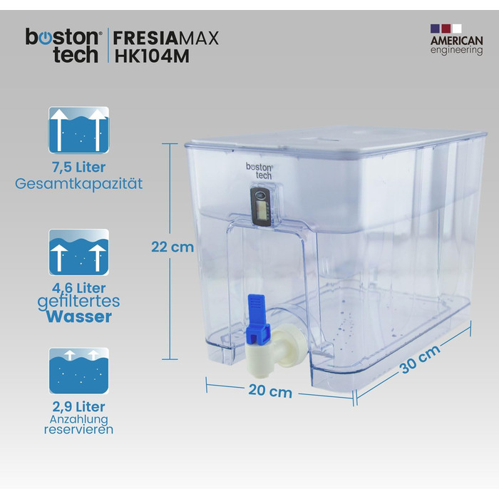 Фільтр для води FRESIAMAX з краном. Фільтр для води диспенсер 7,5 л. картридж. Зменшення вмісту вапна, хлору, таких металів, як свинець і мідь. ідеальний розмір для холодильника. Цифровий дисплей. Без BPA.