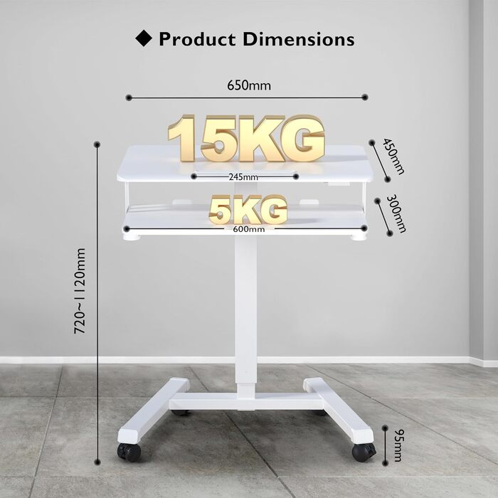 Стіл з регульованою висотою та підставкою для клавіатури, мобільний подіум, комп&39ютерна робоча станція до 15 кг, стіл для роботи з ноутбуком сидячи або стоячи на колесах, стіл з регульованою висотою для роботи стоячи, білий