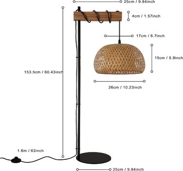 Торшер SUNLLOK Boho Ротанг для вітальні, промисловий бамбуковий абажур Дерев'яний торшер з ножним вимикачем, сучасне чорне плетене високе світло для кухні Острів Спальня Офіс