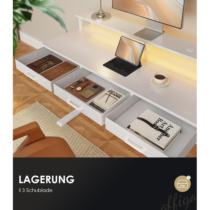 Електричний письмовий стіл OffiGo з шухлядами, стіл з регульованою висотою 120 см та підставкою для монітора, стіл для роботи стоячи з розетками та світловою стрічкою, офісний стіл з регульованою висотою, білий 120 x 54 см