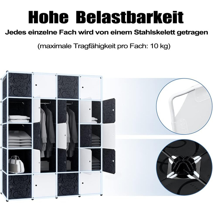 Система полиць, вставний стелаж із пластику, шафа з дверима та рейкою для одягу, шафа для спальні, комбінована шафа для одягу, книг, іграшок (20 кубиків, білий та чорний)