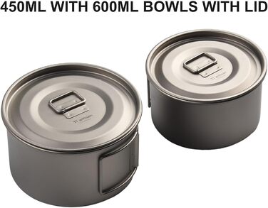 Кемпінгова миска зі складною ручкою, 450 мл або 600 мл, легкий, нержавіючий, безпечний для харчових продуктів посуд для походів, подорожей з рюкзаком та пікніків (450 мл з мисками 600 мл з