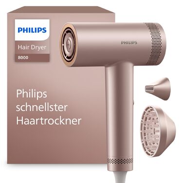 Фен Philips Series 8000 з технологією ThermoShield Advanced та безщітковим DC-двигуном для швидкого сушіння та догляду за шкірою голови, 1400 Вт, колір Rose Champagne, з насадкою-концентратором та дифузором, модель BHD837/10