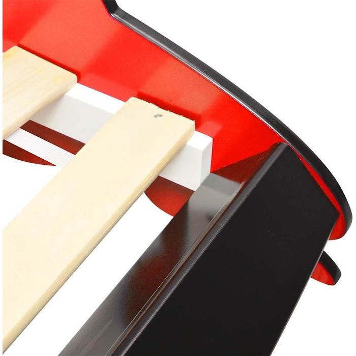 Дитяче ліжко &quotГоночні машинки&quot зі світлодіодним підсвічуванням 90x200 см червоного кольору Каркас ліжка зі світлодіодною стрічкою, що змінює колір, та пультом дистанційного керування для світлових ефектів, міцна конструкція 225 x 94 x 38 см червон