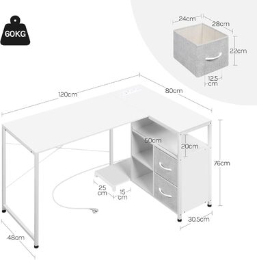 Комп&39ютерний стіл WOLTU кутовий білий з розетками USB-AC - 120x80x75 см змінна полиця та підключення живлення, металевий каркас