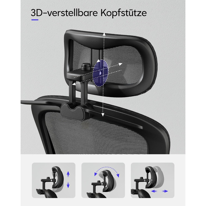 Ергономічне офісне крісло TUKAILAi, крісло керівника з поперековою опорою та підголівником, регульоване, підлокітники, що складаються на 90, висока спинка, сітчасте поворотне крісло для роботи вдома (чорне)