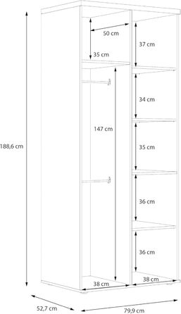Гардероб Forte WINNIE 80, сучасна шафа, дитяча шафа, спальня, скандинавський стиль, 2-дверна, декор дуба сонома/білий, 80 см завширшки x 189 см заввишки x 53 см завглибшки