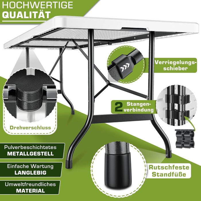 Складаний садовий стіл 180x75 см Пластик Буфетний стіл з ручкою для перенесення Складаний стіл для саду, патіо та балкону Кемпінговий стіл для 8 осіб 180 x 75 см Білий