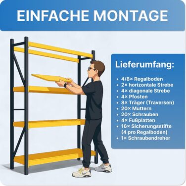 Міцний стелаж 200x120x50 см, навантаження на полицю 100 кг на рівень та загальна вантажопідйомність 400 кг, гаражні стелажі, підвальні стелажі, стелажі для зберігання, широкопролітний стелаж глибиною 50 см