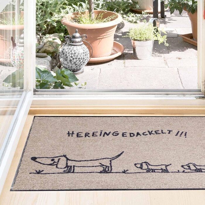 Килимок для дверей Salonloewe, що миється, 50x75 см, Hereingedackelt Family Beige, з мотивом сімейної такси, брудозбірний килимок, килимок для очищення, килимок для дверей для собак 50 x 75 см (прямокутний), бежевий