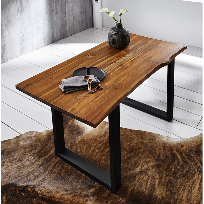 Обідній стіл SAM Esra, 120 x 80 см, масив акації, коньячного кольору, стіл з натуральним краєм та чорним металевим каркасом, обідній стіл зі стільницею з натуральним краєм 26 мм, справжній натуральний край, 120 x 80 см, коньячний/чорний