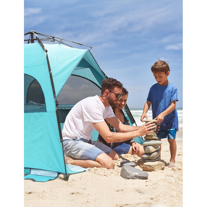 Пляжний намет Glymnis Quick Up, автоматичний пляжний намет, захист від ультрафіолету 50, вітрозахисний, невеликий розмір у упаковці, синій, пляжний намет для 4-6 осіб, синій зі срібним вінілом
