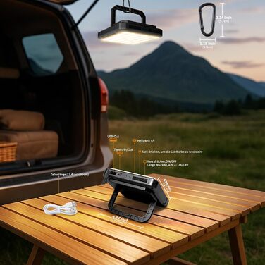 Акумуляторний світлодіодний ліхтар для кемпінгу з акумулятором 20000 мАг, ліхтар для намету, ліхтар для кемпінгу на відкритому повітрі, 2000 лм, водонепроникний IPX4, 4 режими світла, ліхтар для читання, наметування, риболовлі, затемнення