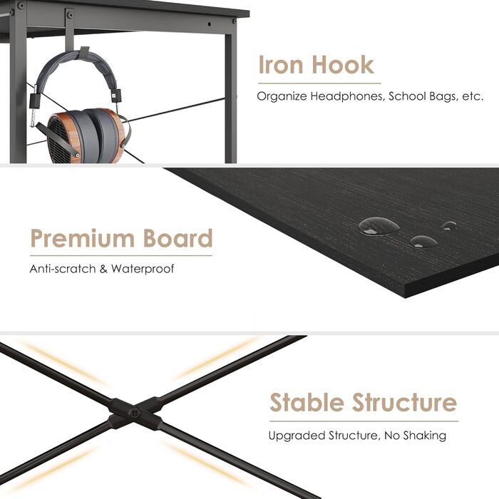 Письмовий стіл, комп&39ютерний стіл з тримачем для навушників та сумкою для зберігання, міцний робочий стіл, промисловий дизайн, ПК-стіл, невеликий офісний стіл для дому, офісу (Чорний, 120 x 60 x 75 см) Чорний 120 x 60 x 75 см