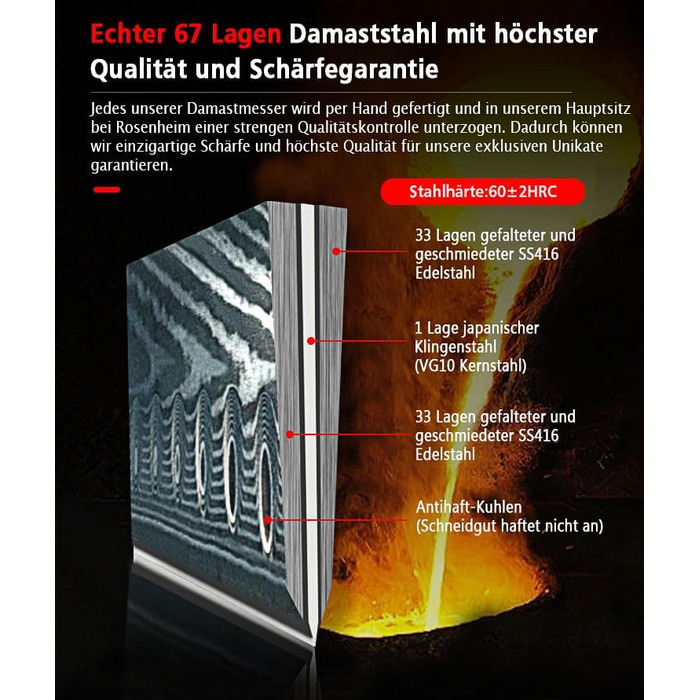 Ніж з дамаської сталі Wolfblood PRO Дамаський кухонний ніж XL (33 см) Професійний шеф-кухарський ніж з натуральної 67-шарової дама