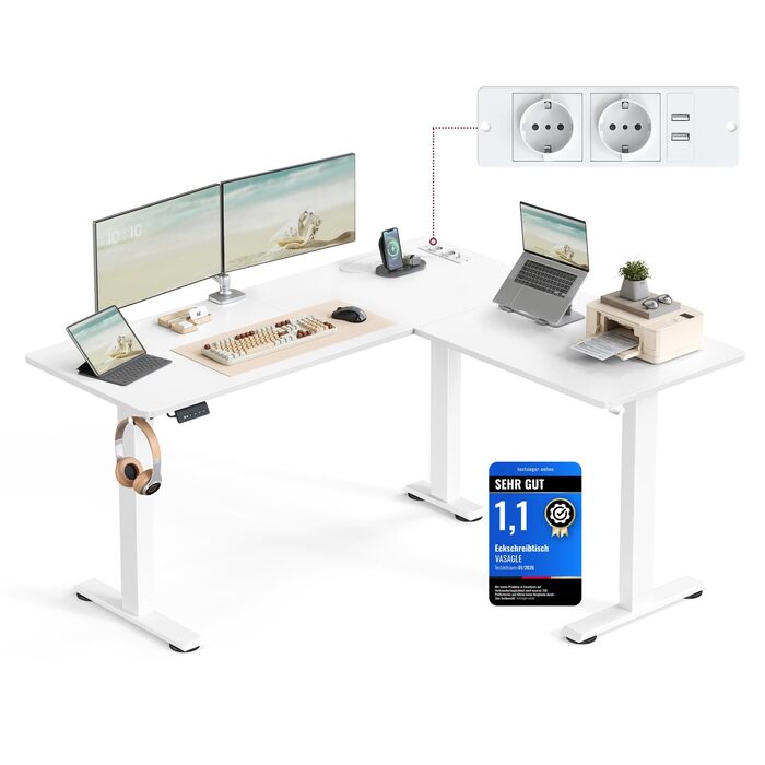 Електричний письмовий стіл з регульованою висотою, L-подібний кутовий стіл, 140 x 160 см, із зарядною станцією, функція пам&39яті з 2 висотами, для домашнього офісу, хмарно-білий-матово-білий LSD264W01 хмарно-білий матово-білий