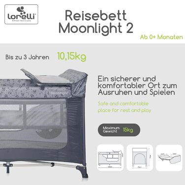 Дитяче ліжечко та манеж Lorelli 3-в-1, Moonlight 2 рівні, бічний вхід, ліжечко з народження, дитяче ліжечко для подорожей, пеленальний килимок, колеса, сумка, сірий/світло-сірий