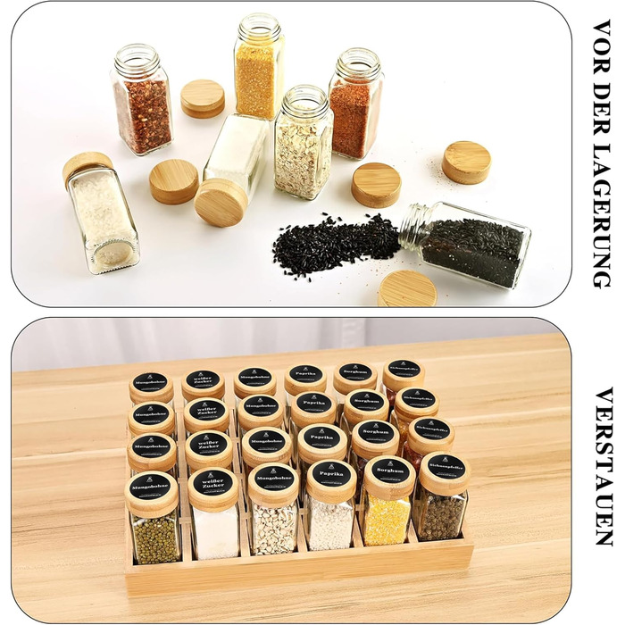 Натуральна бамбукова підставка для спецій з банками, набір шаф для спецій з 24 квадратними банками для спецій, бамбукова підставка для спецій, що підходить для охайної та організованої кухні, натуральний бамбук, 24 квадратні банки