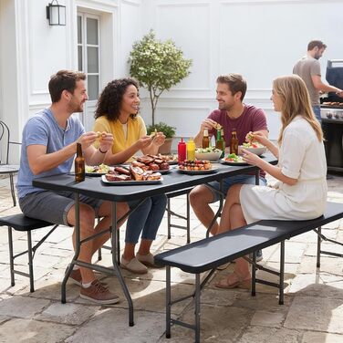 Складаний фуршетний стіл Sekey, пластик, 152x70 см Кемпінговий стіл з ручкою для перенесення, стіл для вечірки, розкладний стіл, садовий стіл для саду, патіо та балкону, складаний, 4 особи (чорний)